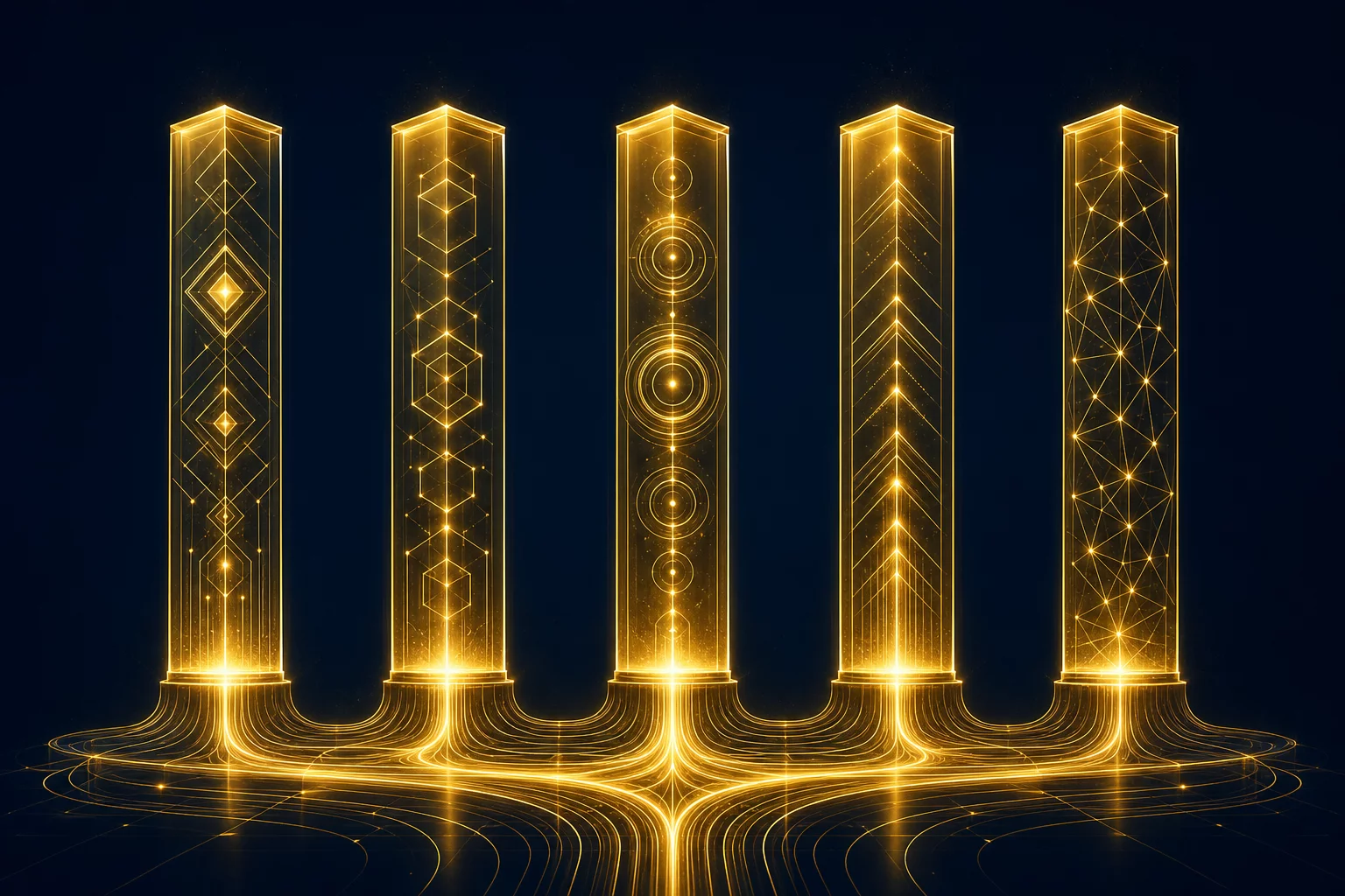 Five golden pillars representing the Avyay platform architecture